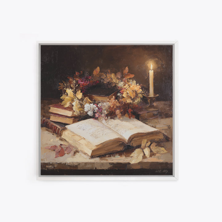 Botanical Wreath Surrounding an Open Book Framed Canvas Print, Library Art, Printable Wall Art, Library Decor, Archive, LIB-1x1-96