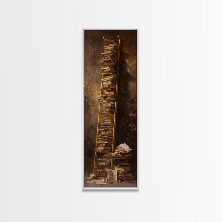 Rolling Library Ladder Framed Canvas Print, Library Art, Wall Art Print, Library Decor, Abstract Art, Archive, LIB-1x3-15