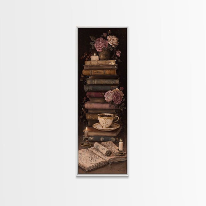 Teacup Beside a Novel and Roses Canvas Print, Library Art, Gothic Wall Decor, Library Decor, Fine Art, Archive, LIB-1x3-2