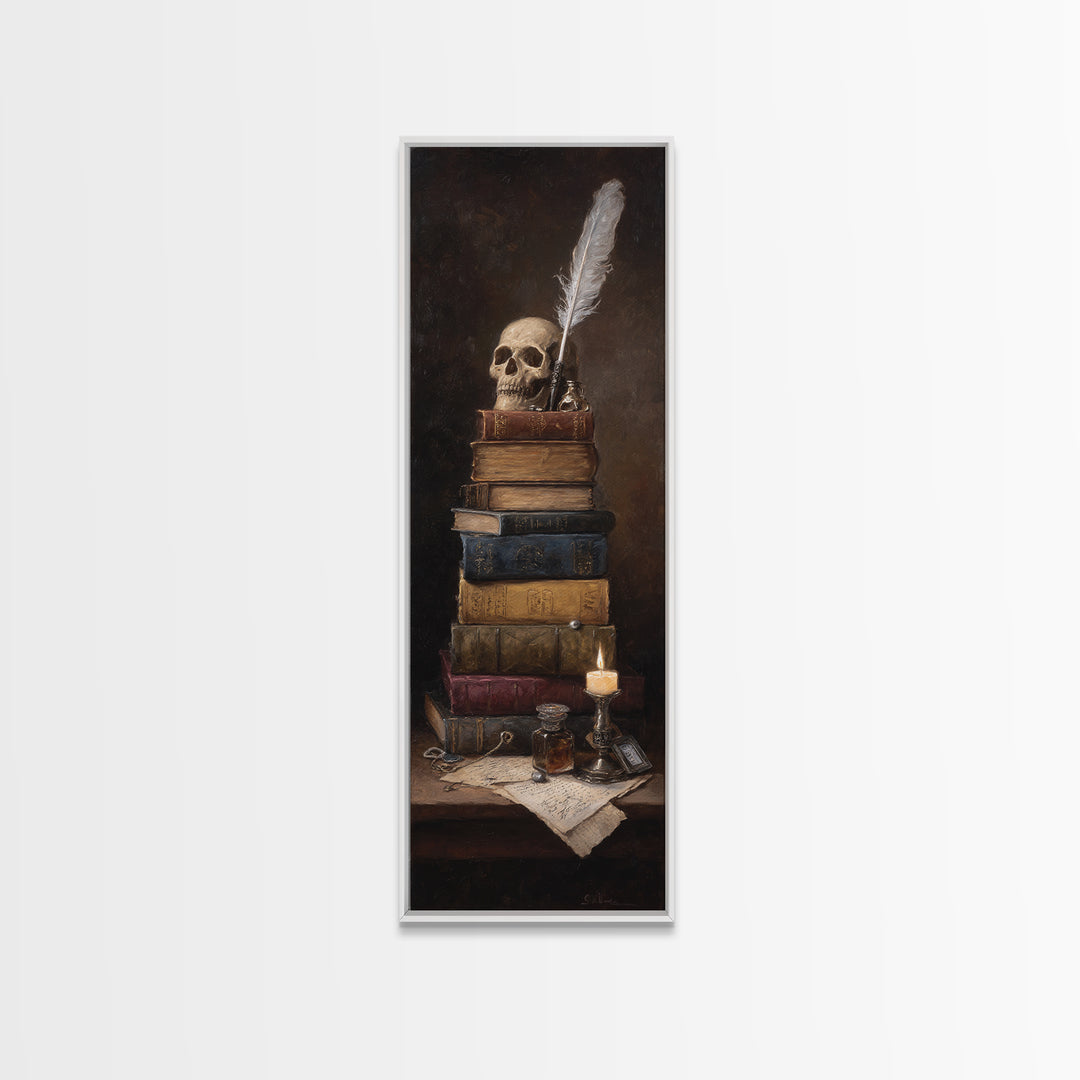 Dark Academia Skull Book and Quill Still Canvas Print, Library Art, Black Cat Art, Library Decor, Archive, Luxury Decor, LIB-1x3-41