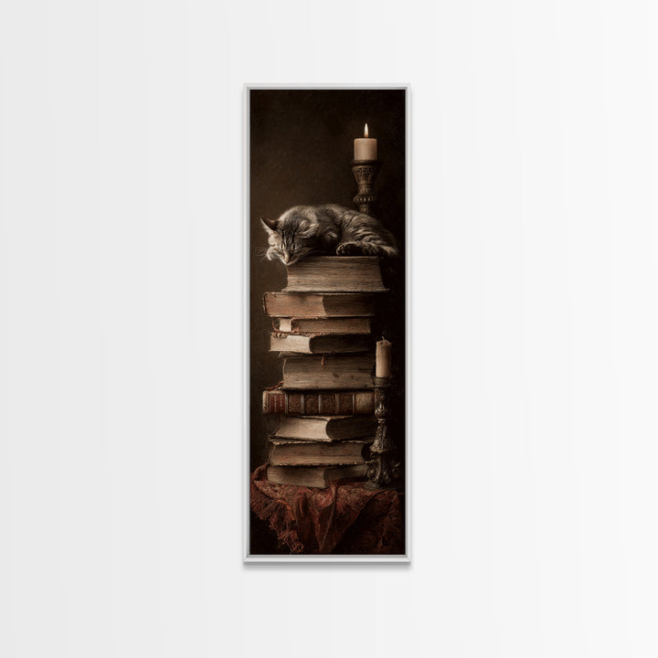 Cat Sleeping on a Book Stack Canvas Print, Library Art, Moody Wall Art, Library Decor, Fine Art, Archive, Gallery Decor, LIB-1x3-43