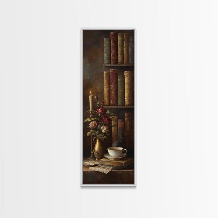 Teacup Beside a Novel and Roses Framed Canvas Print, Library Art, Fine Art Print, Library Decor, Fine Art, Archive, Painting, LIB-1x3-50