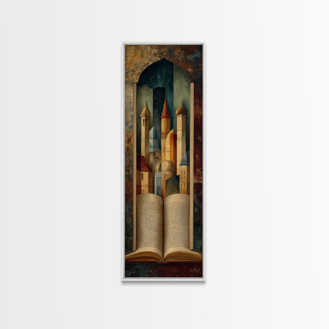Storybook Castle Emerging from Open Book Canvas Print, Library Art, Dark Academia Art, Library Decor, Abstract Art, Archive, LIB-1x3-51