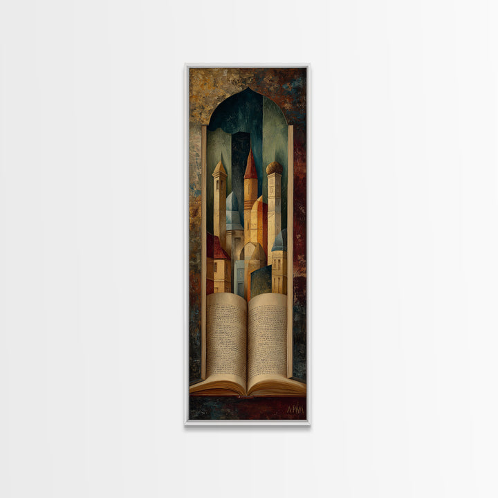 Storybook Castle Emerging from Open Book Canvas Print, Library Art, Dark Academia Art, Library Decor, Abstract Art, Archive, LIB-1x3-51