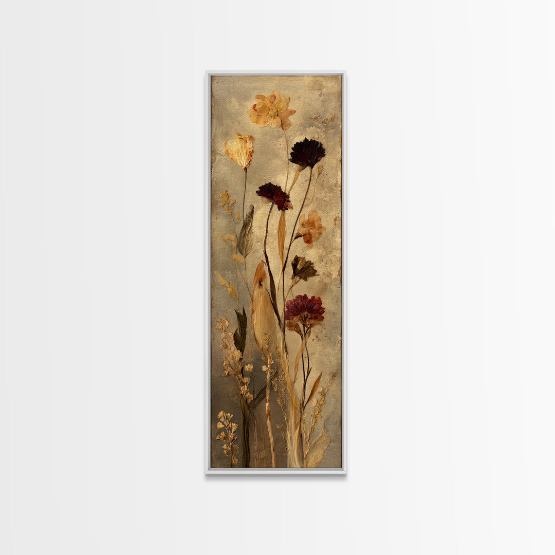 Botanical Pressed Flowers Inside Old Pages Framed Canvas Print, Library Art, Wall Art, Library Decor, Watercolor Art, Archive, LIB-1x3-69