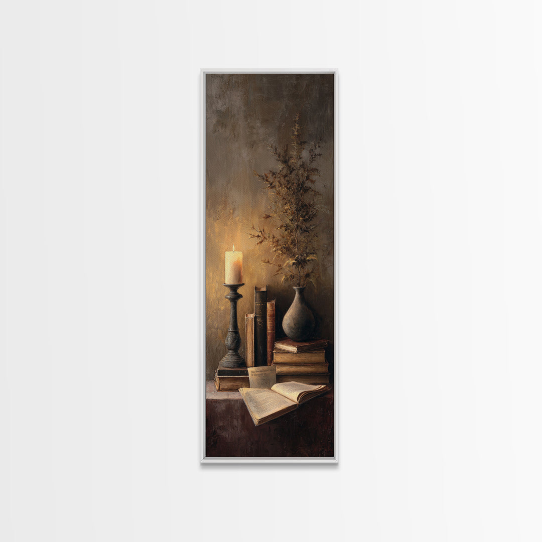 Warm Reading Lamp and Small Plant Still Canvas Print, Library Art, Bookish Decor, Library Decor, Archive, Modern Decor, LIB-1x3-81
