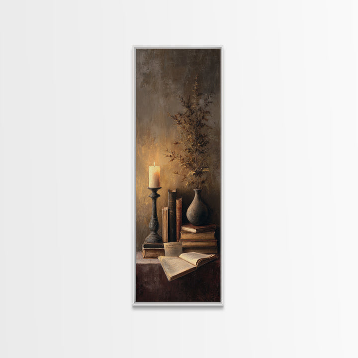 Warm Reading Lamp and Small Plant Still Canvas Print, Library Art, Bookish Decor, Library Decor, Archive, Modern Decor, LIB-1x3-81