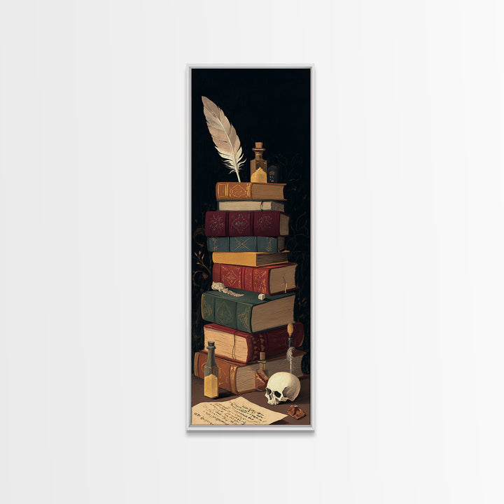 Dark Academia Skull Book and Quill Still Canvas Print, Library Art, Gothic Wall Decor, Library Decor, Fine Art, Archive, LIB-1x3-89
