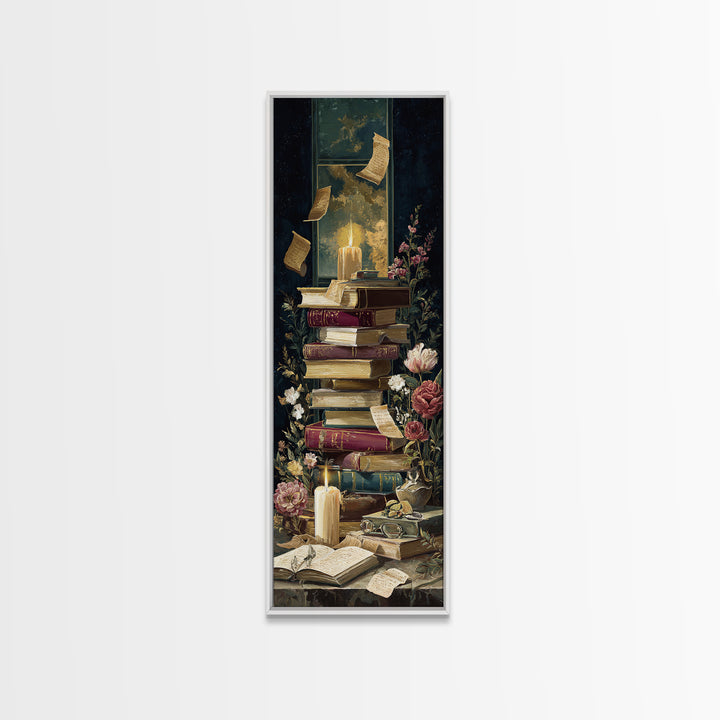 Moonlit Window with Floating Pages Framed Canvas Print, Library Art, Black Cat Art, Library Decor, Fine Art, Archive, LIB-1x3-92