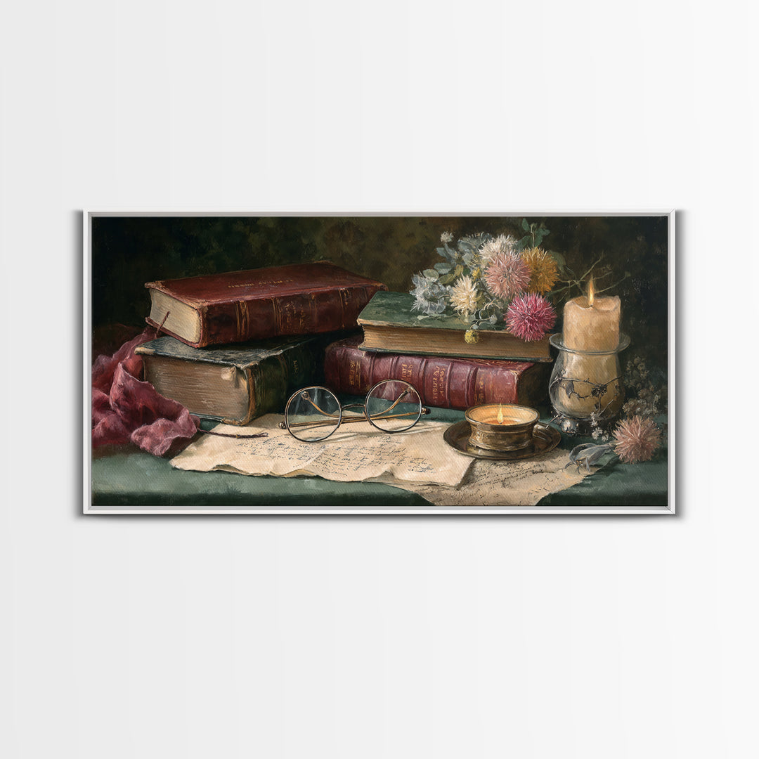 Antique Spectacles on a Manuscript Framed Canvas Print, Library Art, Fine Art Print, Library Decor, Fine Art, Archive, LIB-2x1-16