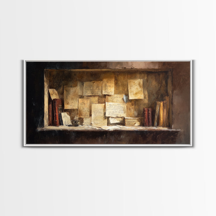 Moonlit Window with Floating Pages Framed Canvas Print, Library Art, Contemporary Art, Library Decor, Fine Art, Archive, LIB-2x1-28