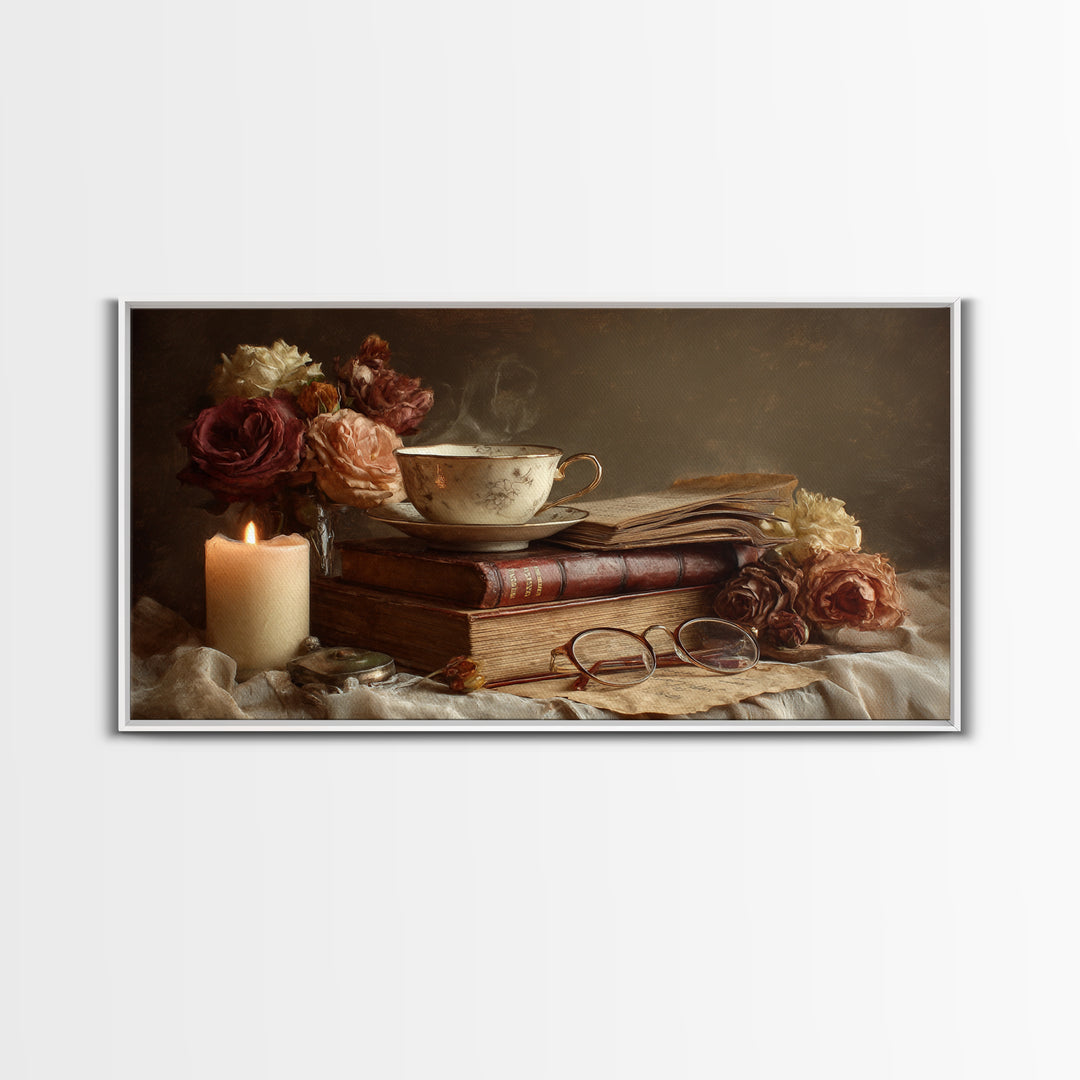 Teacup Beside a Novel and Roses Framed Canvas Print, Library Art, Contemporary Art, Library Decor, Fine Art, Archive, LIB-2x1-34
