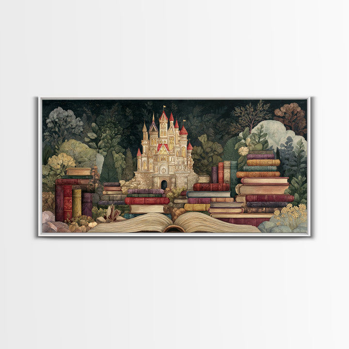 Storybook Castle Emerging from Open Book Framed Canvas Print, Library Art, Wall Art, Library Decor, Oil Painting, Archive, LIB-2x1-35