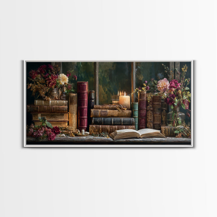 Old Books Stacked Framed Canvas Print, Library Art, Watercolor Painting, Library Decor, Oil Painting, Archive, Black Cat Art, LIB-2x1-45