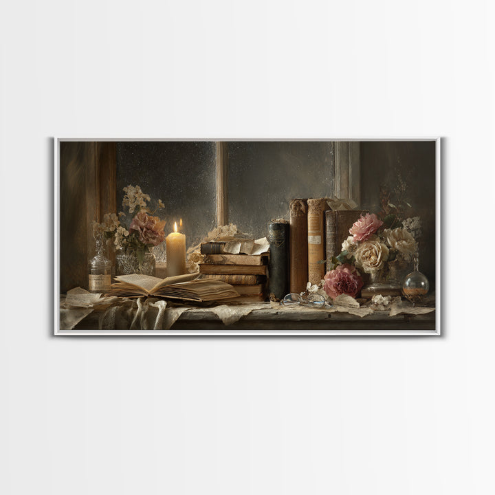 Moonlit Window with Floating Pages Canvas Print, Library Art, Digital Art, Library Decor, Fine Art, Archive, Watercolor Art, LIB-2x1-52