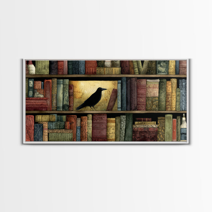 Black Raven Perched on Closed Book Canvas Print, Library Art, Library Decor, Watercolor Art, Archive, Unique Wall Art, LIB-2x1-66