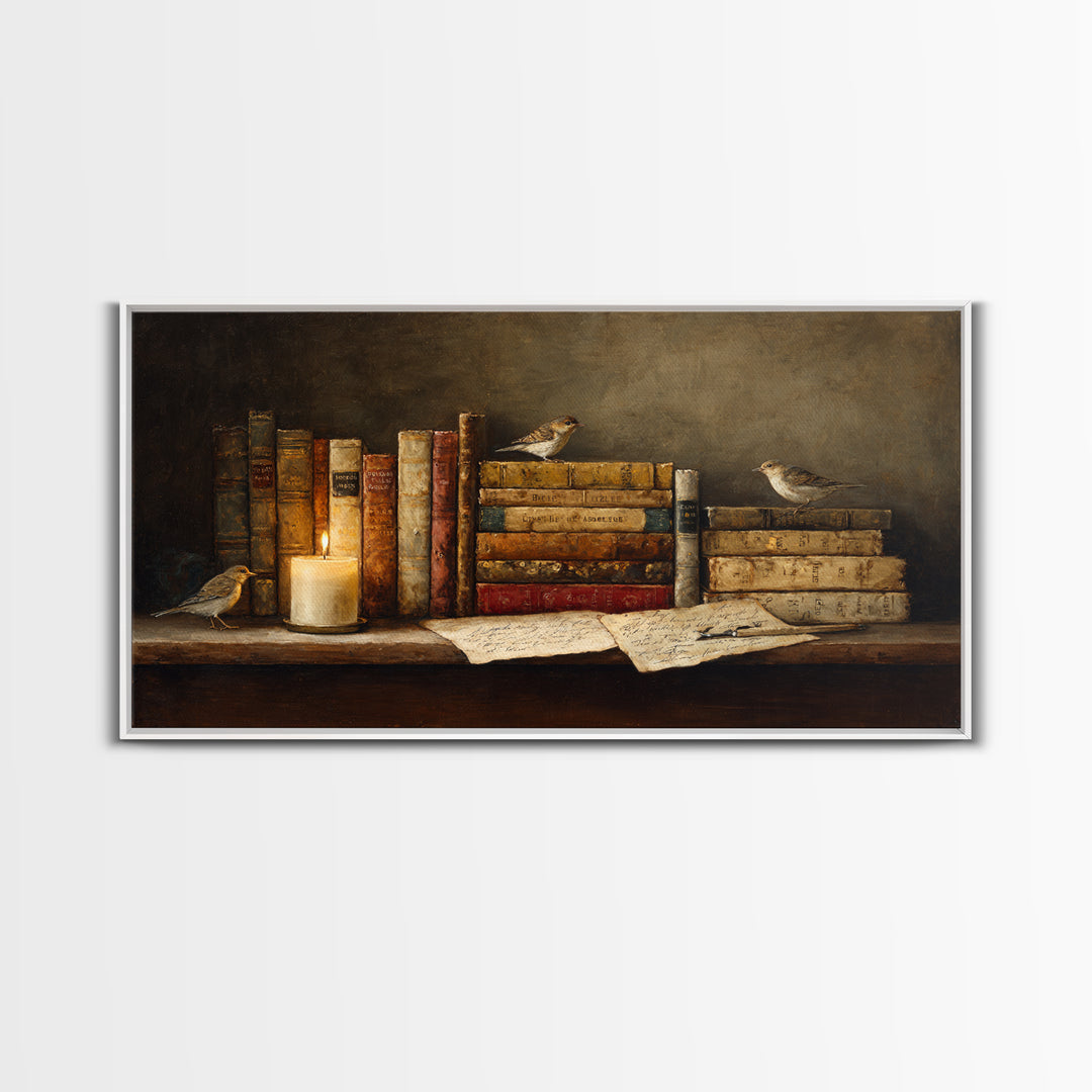 Open Book Releasing Tiny Birds Framed Canvas Print, Library Art, Living Room Decor, Library Decor, Fine Art, Archive, LIB-2x1-72