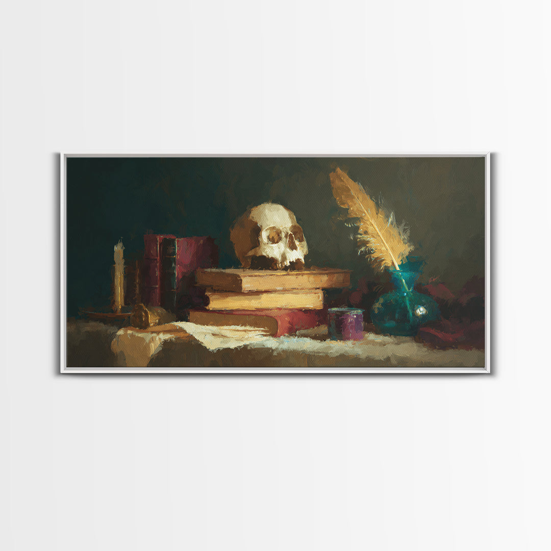 Dark Academia Skull Book and Quill Still Canvas Print, Library Art, Unique Wall Art, Library Decor, Fine Art, Archive, LIB-2x1-73