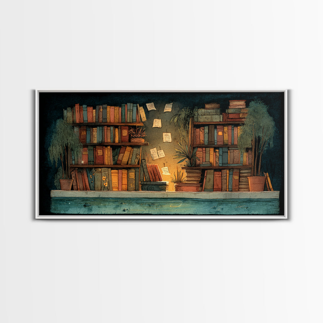 Moonlit Window with Floating Pages Canvas Print, Library Art, Gothic Wall Art, Library Decor, Archive, Bookish Wall Art, LIB-2x1-76