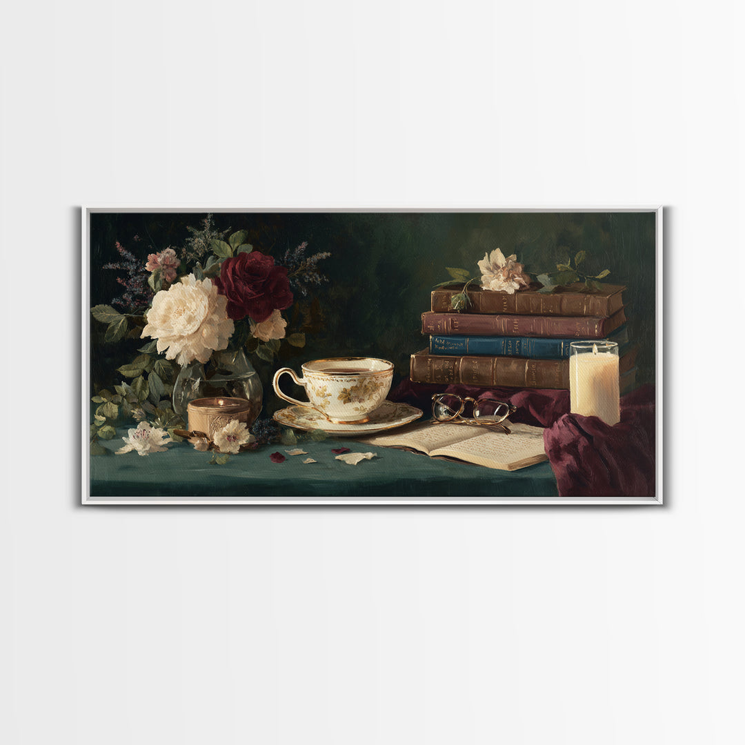 Teacup Beside a Novel and Roses Canvas Print, Library Art, Digital Art, Library Decor, Fine Art, Archive, Watercolor Art, LIB-2x1-82