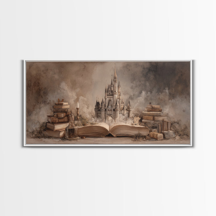 Storybook Castle Emerging from Open Book Framed Canvas Print, Library Art, Painting, Library Decor, Fine Art, Archive, LIB-2x1-83
