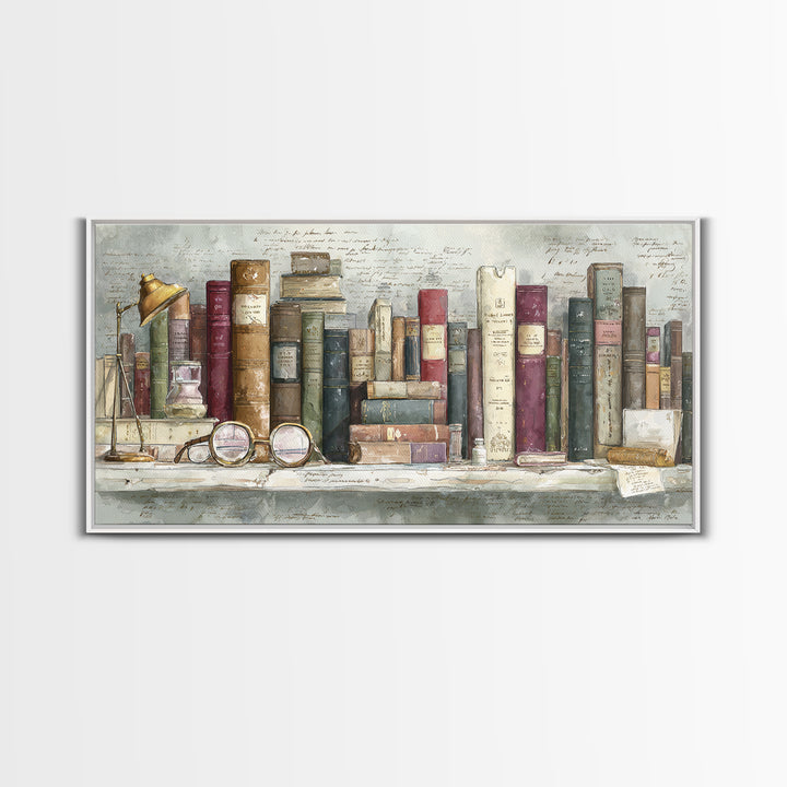 Antique Spectacles on a Manuscript Framed Canvas Print, Library Art, Unique Wall Art, Library Decor, Fine Art, Archive, LIB-2x1-88