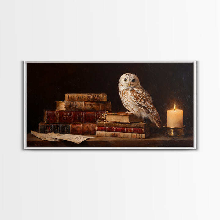 Owl Perched on a Pile of Antique Canvas Print, Library Art, Printable Art, Library Decor, Fine Art, Archive, Bookish Decor, LIB-2x1-94