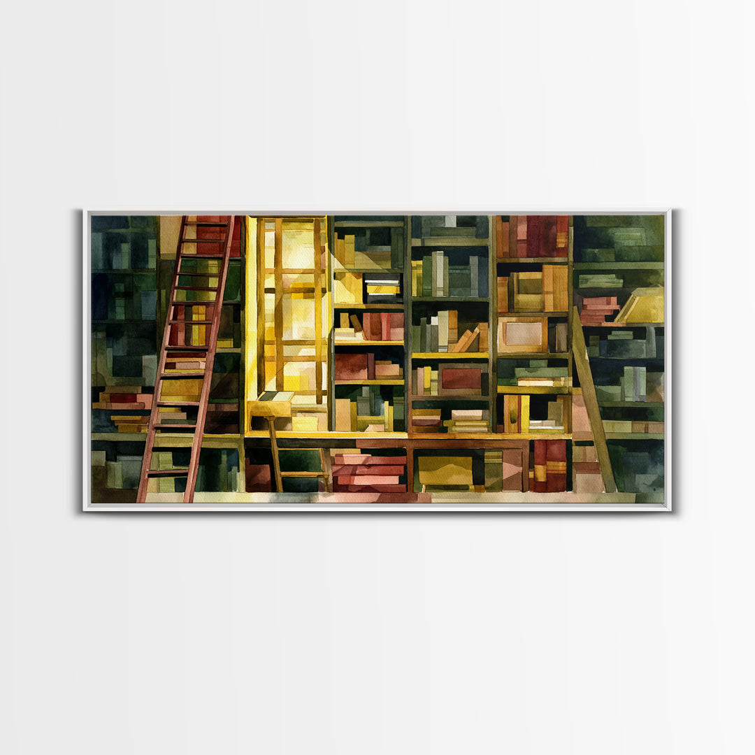 Rolling Library Ladder Framed Canvas Print, Library Art, Neutral Decor, Library Decor, Fine Art, Archive, Home Decor, LIB-2x1-95