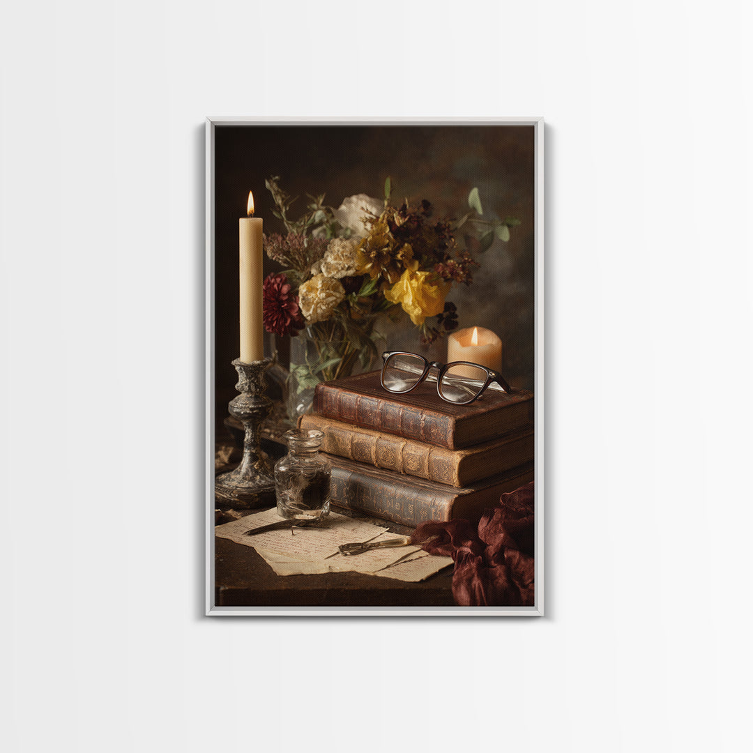 Antique Spectacles on a Manuscript Framed Canvas Print, Library Art, Digital Art, Library Decor, Archive, Watercolor Art, LIB-2x3-100