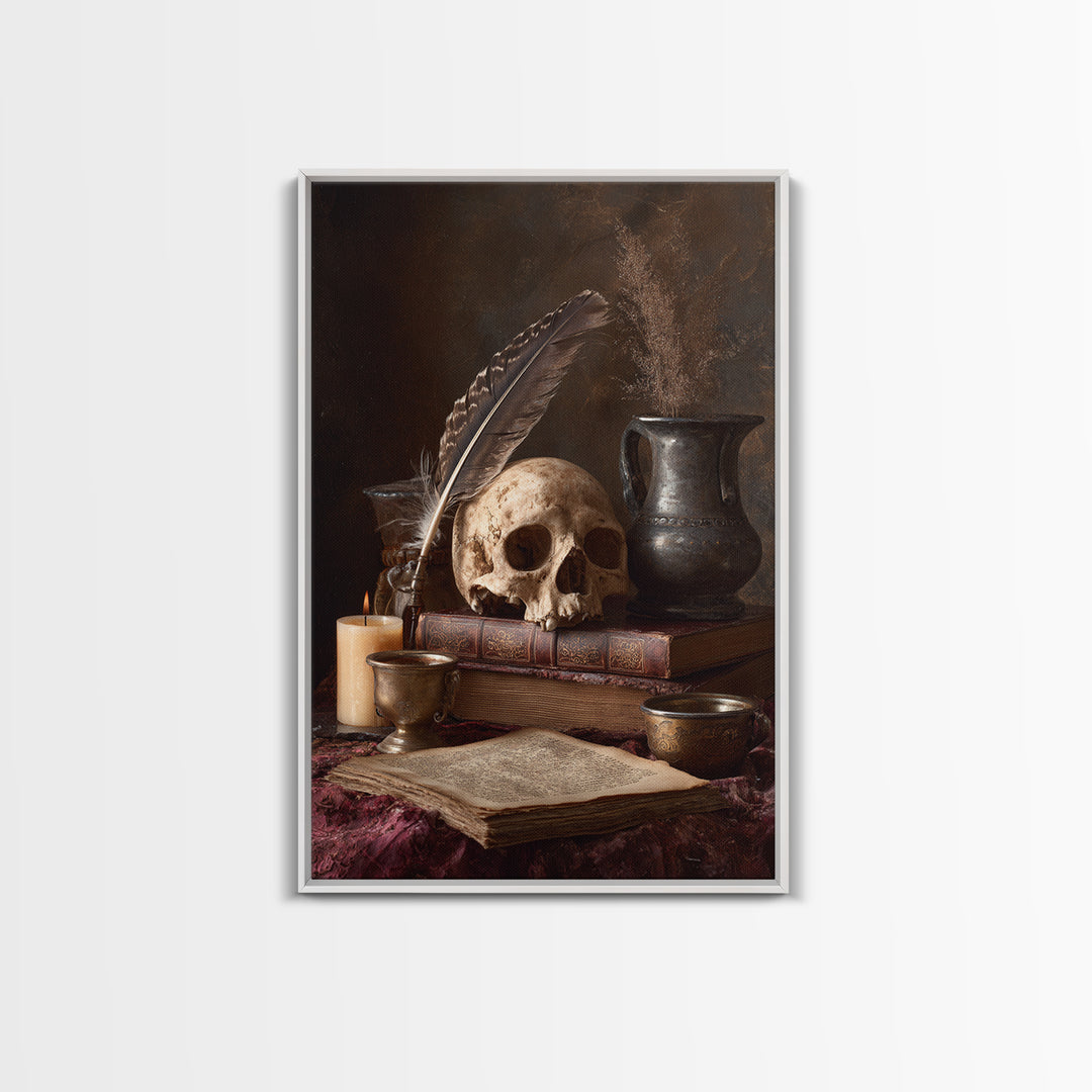 Dark Academia Skull Book and Quill Still Framed Canvas Print, Library Art, Dark Academia Decor, Library Decor, Archive, LIB-2x3-13