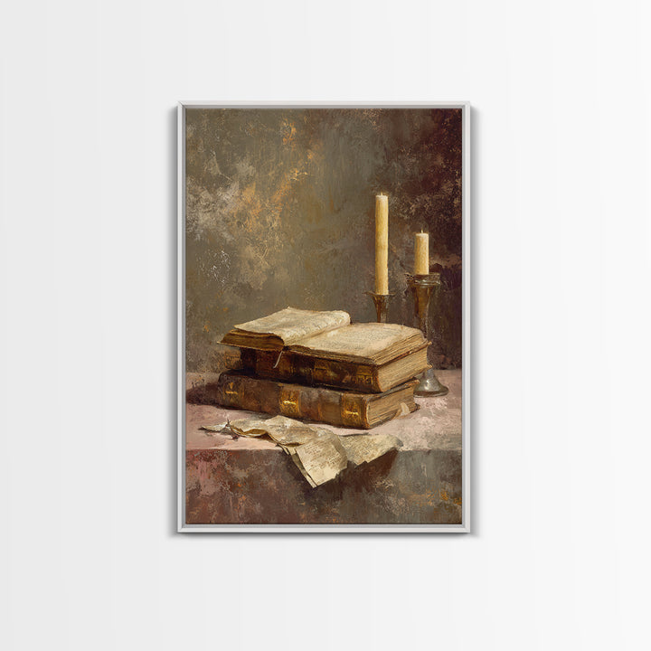 Ancient Book with Brass Clasps Framed Canvas Print, Library Art, Gothic Home Decor, Library Decor, Oil Painting, Archive, LIB-2x3-21