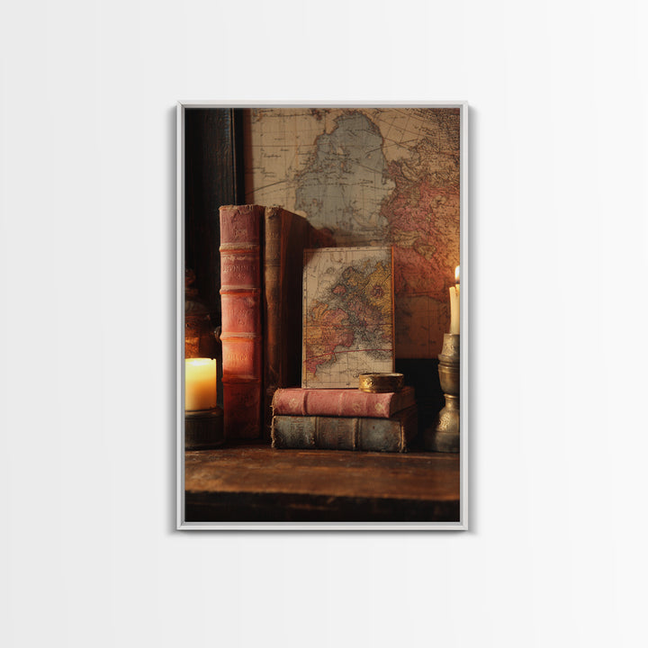 Map and Compass on Leather Bound Atlas Framed Canvas Print, Library Art, Modern Decor, Library Decor, Fine Art, Archive, LIB-2x3-24