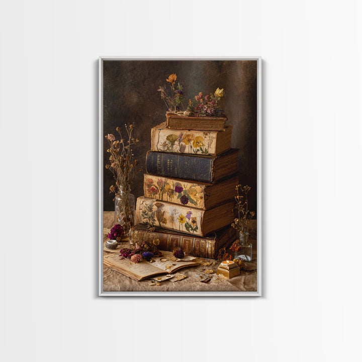 Botanical Pressed Flowers Inside Old Pages Framed Canvas Print, Library Art, Wall Art Print, Library Decor, Fine Art, Archive, LIB-2x3-41