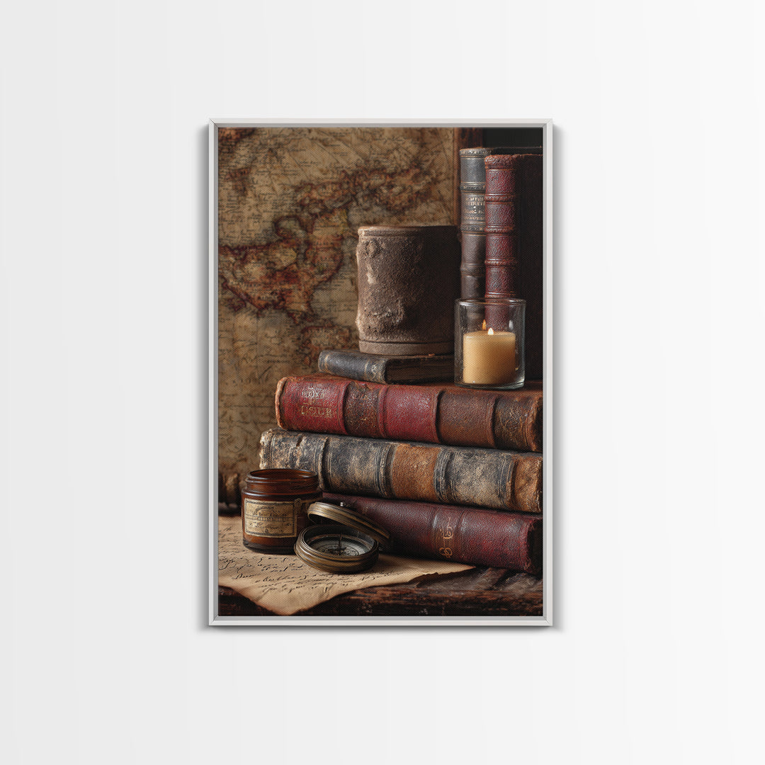 Map and Compass on Leather Bound Atlas Canvas Print, Library Art, Gothic Home Decor, Library Decor, Oil Painting, Archive, LIB-2x3-72