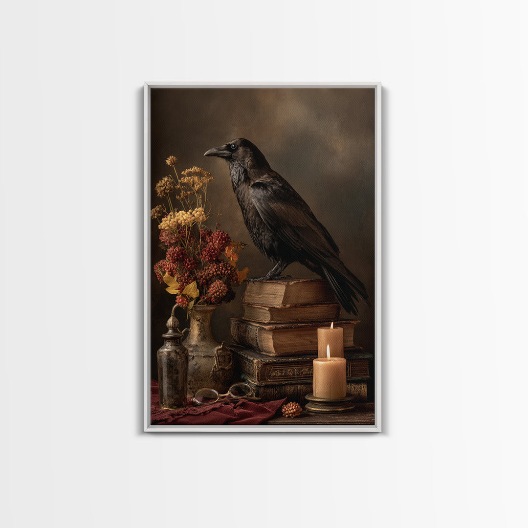 Black Raven Perched on Closed Book Framed Canvas Print, Library Art, Living Room Decor, Library Decor, Fine Art, Archive, LIB-2x3-78