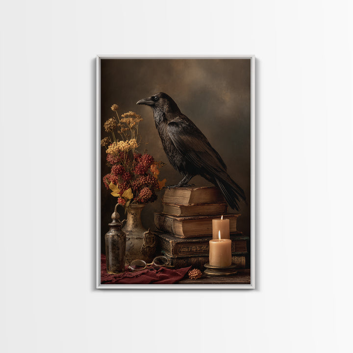 Black Raven Perched on Closed Book Framed Canvas Print, Library Art, Living Room Decor, Library Decor, Fine Art, Archive, LIB-2x3-78