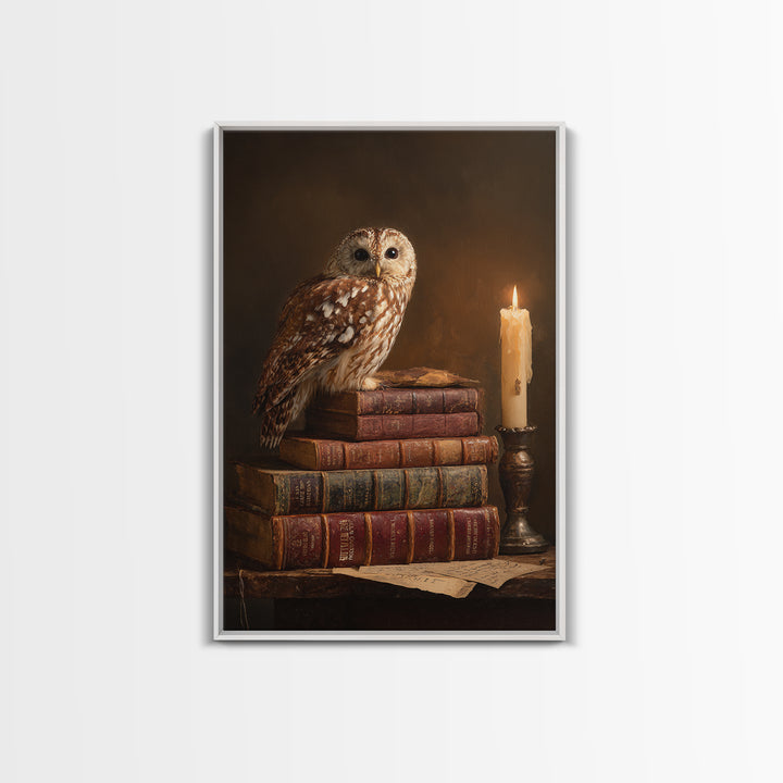 Owl Perched on a Pile of Antique Canvas Print, Library Art, Dark Academia Decor, Library Decor, Archive, Botanical Art, LIB-2x3-82