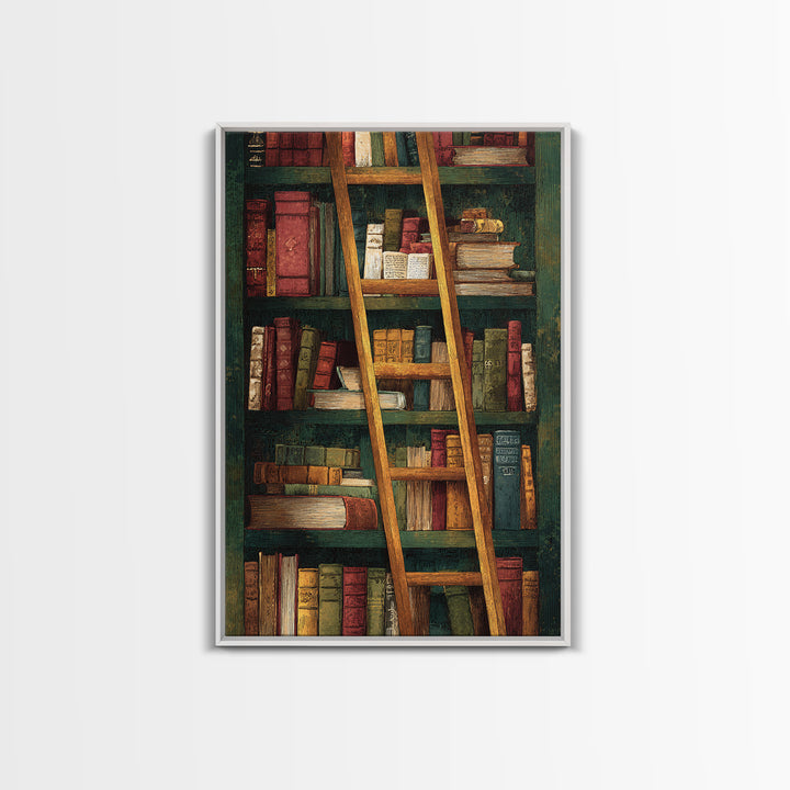 Rolling Library Ladder Framed Canvas Print, Library Art, Dark Academia Art, Library Decor, Abstract Art, Archive, Room Decor, LIB-2x3-83