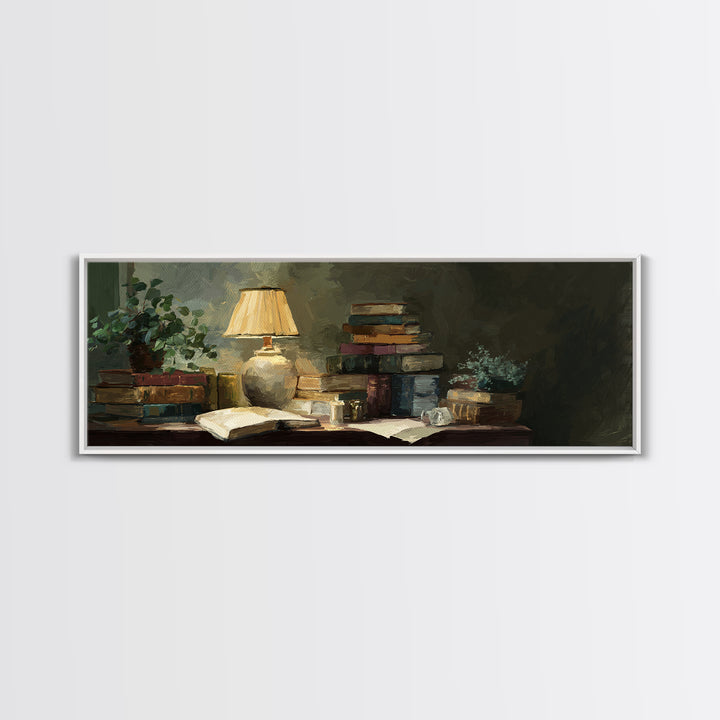 Warm Reading Lamp and Small Plant Still Canvas Print, Library Art, Watercolor Art, Library Decor, Archive, Halloween Wall Art, LIB-3x1-13