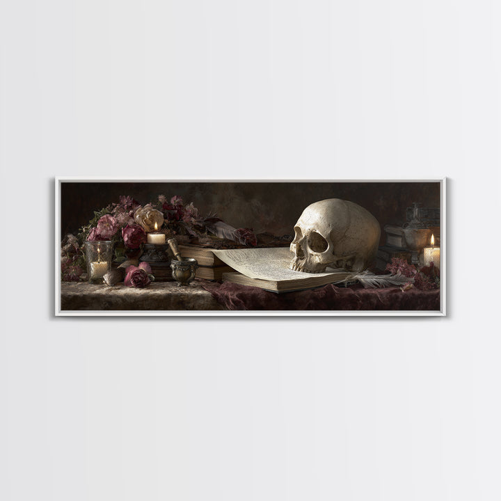 Dark Academia Skull Book and Quill Still Canvas Print, Library Art, Black Cat Art, Library Decor, Archive, Luxury Decor, LIB-3x1-21