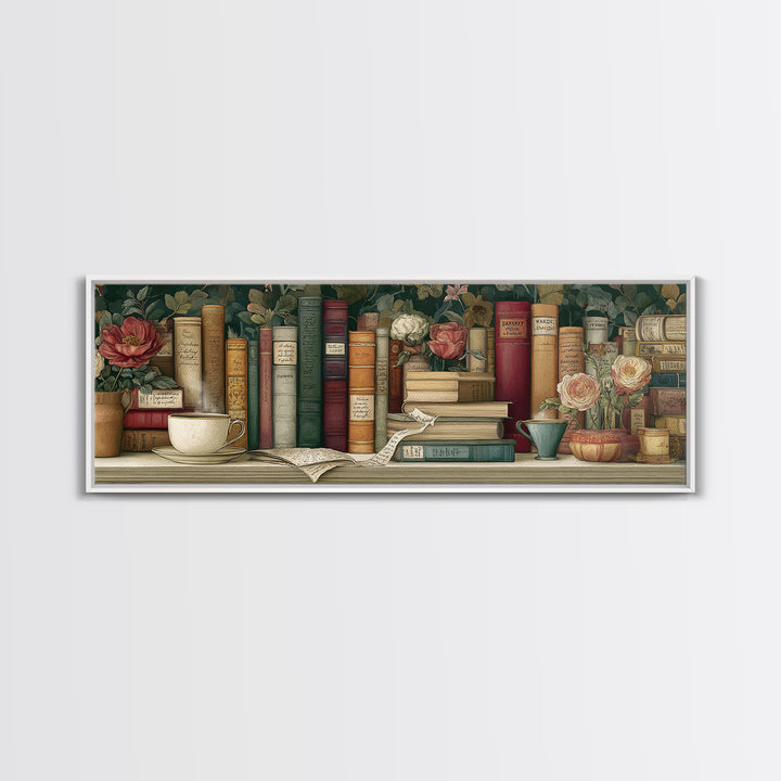 Teacup Beside a Novel and Roses Canvas Print, Library Art, Gothic Wall Decor, Library Decor, Fine Art, Archive, LIB-3x1-54