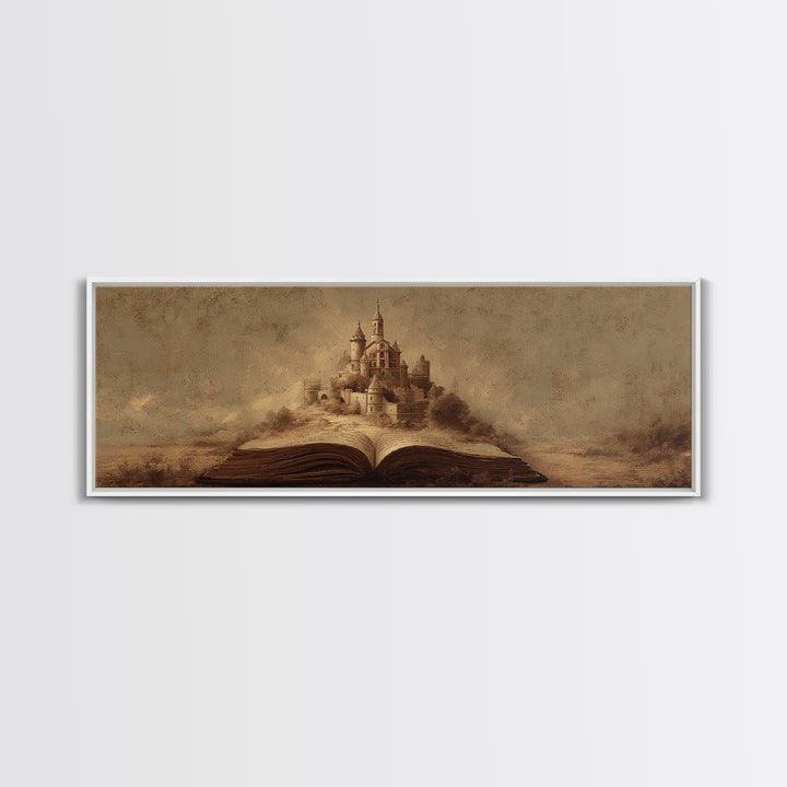 Storybook Castle Emerging from Open Book Framed Canvas Print, Library Art, Painting, Library Decor, Fine Art, Archive, LIB-3x1-55
