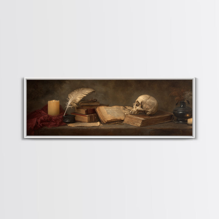 Dark Academia Skull Book and Quill Still Framed Canvas Print, Library Art, Gallery Decor, Library Decor, Fine Art, Archive, LIB-3x1-69
