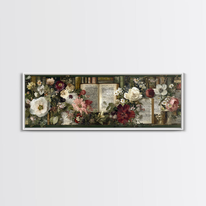 Botanical Pressed Flowers Inside Old Pages Framed Canvas Print, Library Art, Neutral Decor, Library Decor, Oil Painting, LIB-3x1-73