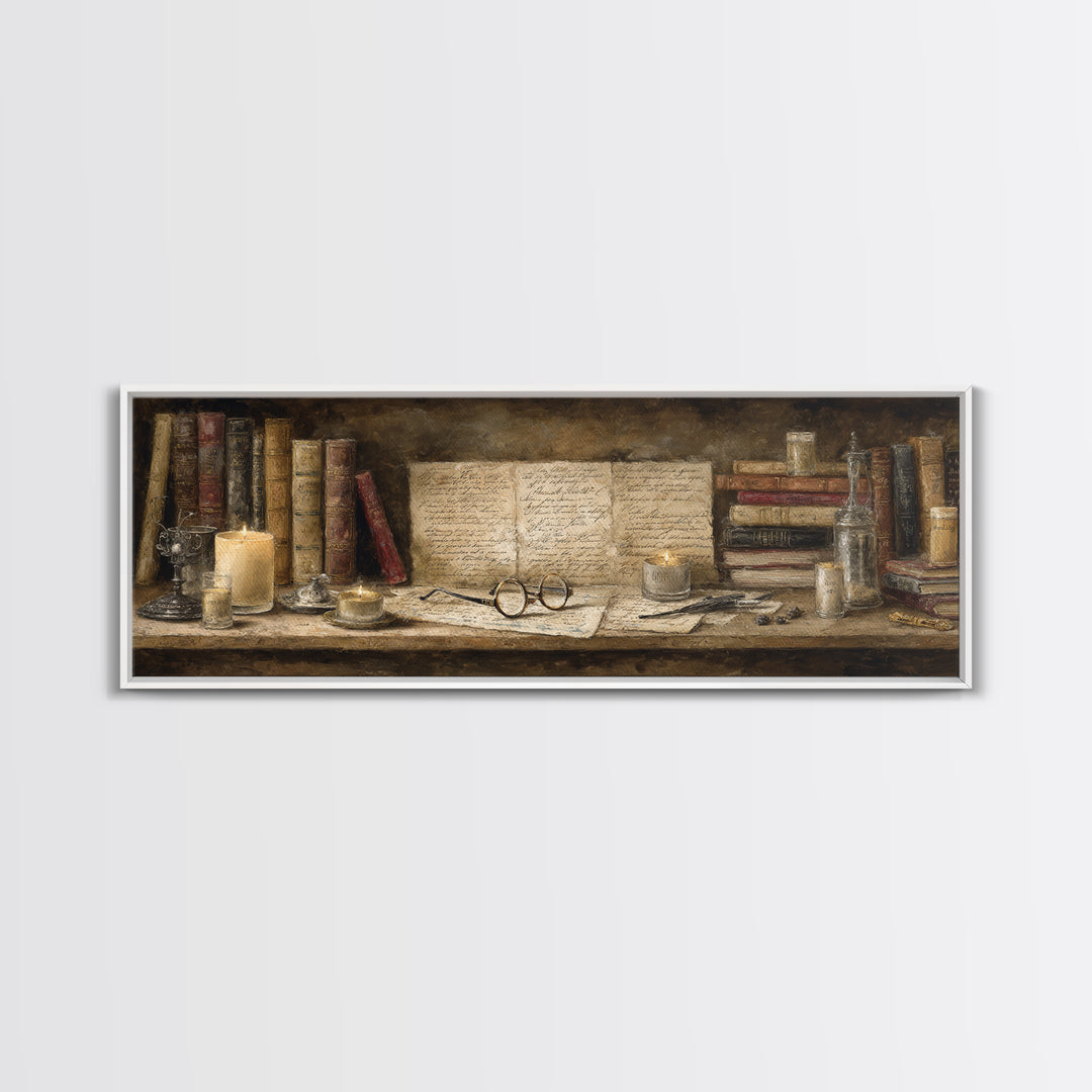 Antique Spectacles on a Manuscript Framed Canvas Print, Library Art, Digital Art, Library Decor, Archive, Watercolor Art, LIB-3x1-84