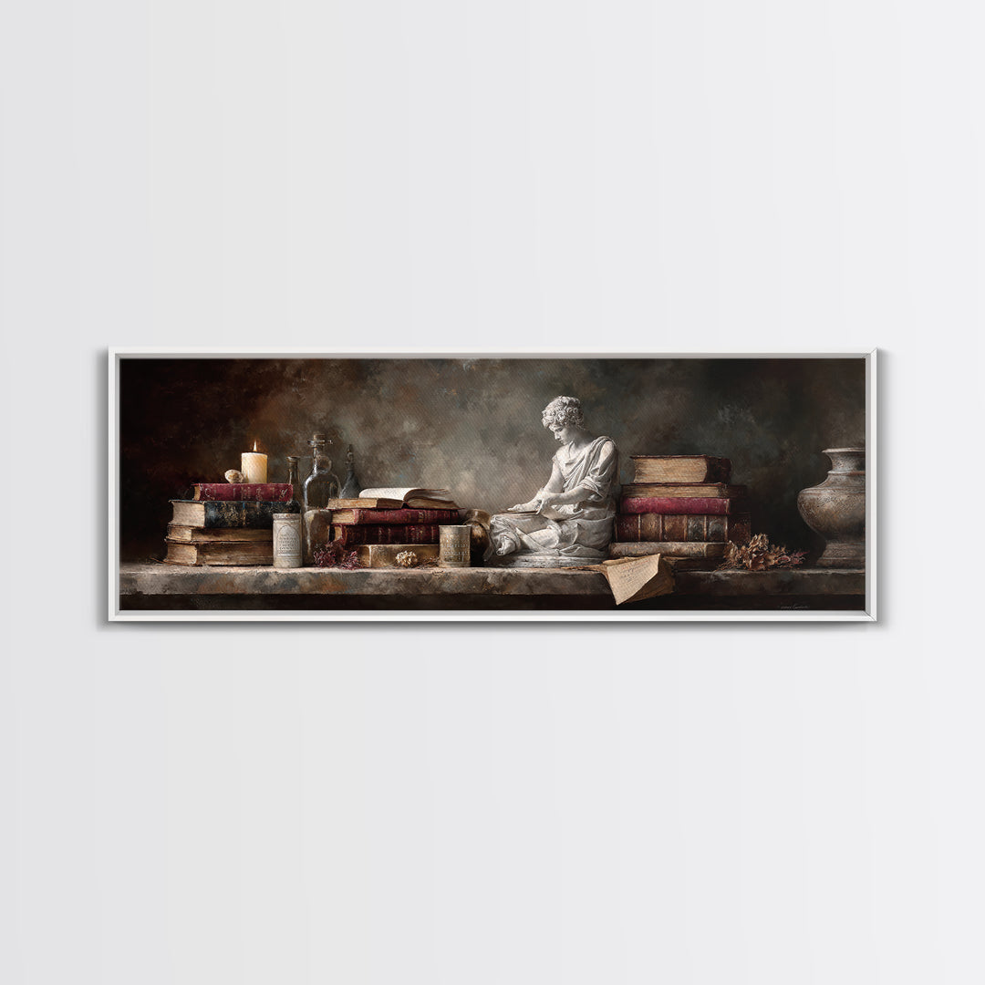 Renaissance Reading Figure Framed Canvas Print, Library Art, Dark Academia Decor, Library Decor, Archive, Botanical Art, LIB-3x1-87