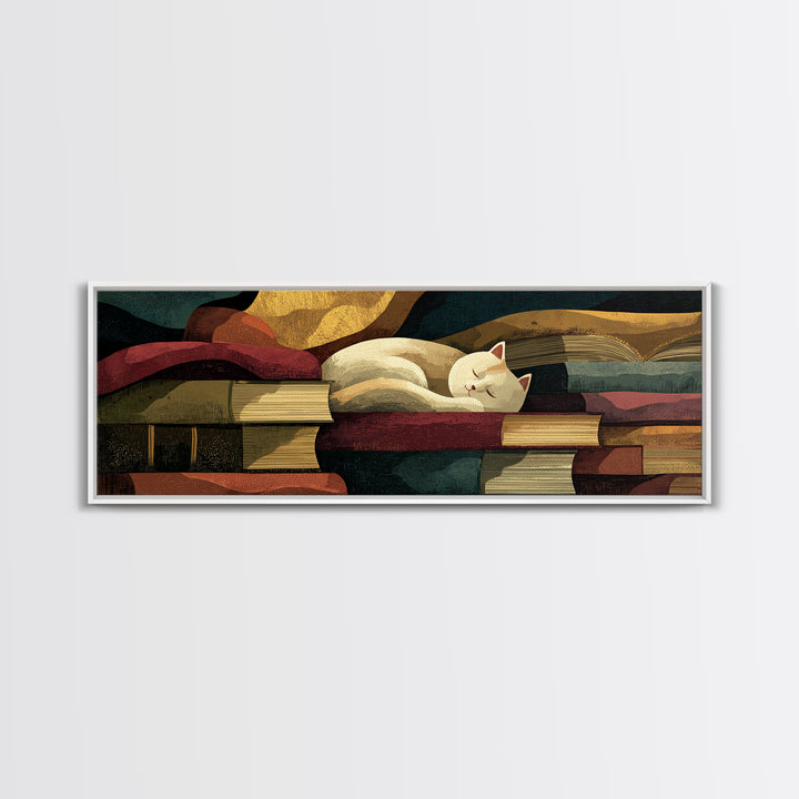 Cat Sleeping on a Book Stack Canvas Print, Library Art, Gothic Home Decor, Library Decor, Oil Painting, Archive, Bookish Decor, LIB-3x1-95