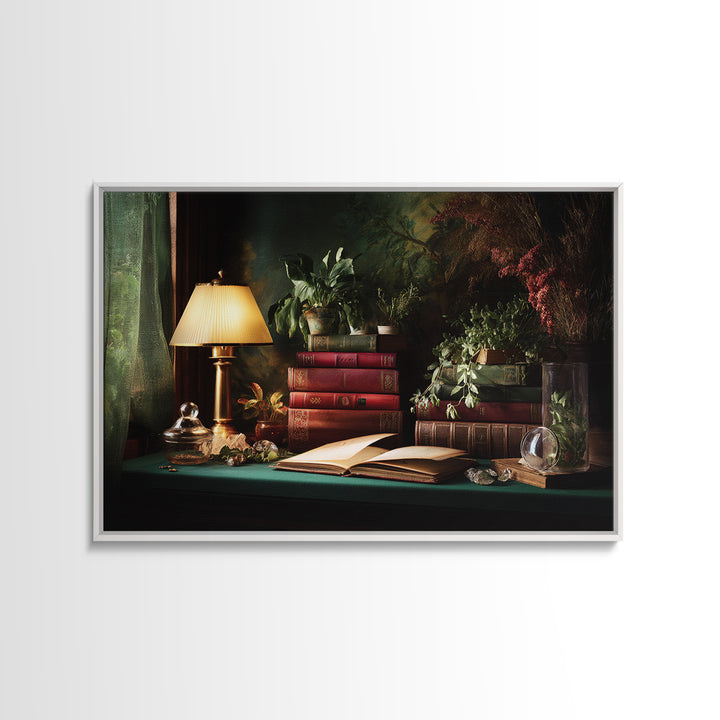 Warm Reading Lamp and Small Plant Still Canvas Print, Library Art, Bookish Decor, Library Decor, Archive, Modern Decor, LIB-3x2-1