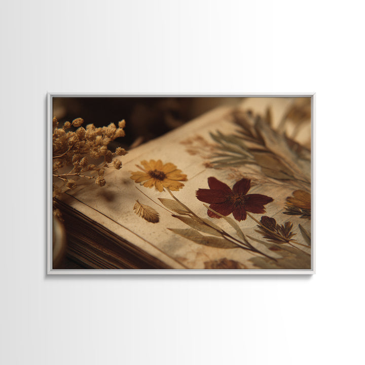 Botanical Pressed Flowers Inside Old Pages Framed Canvas Print, Library Art, Botanical Art, Library Decor, Watercolor Art, LIB-3x2-13