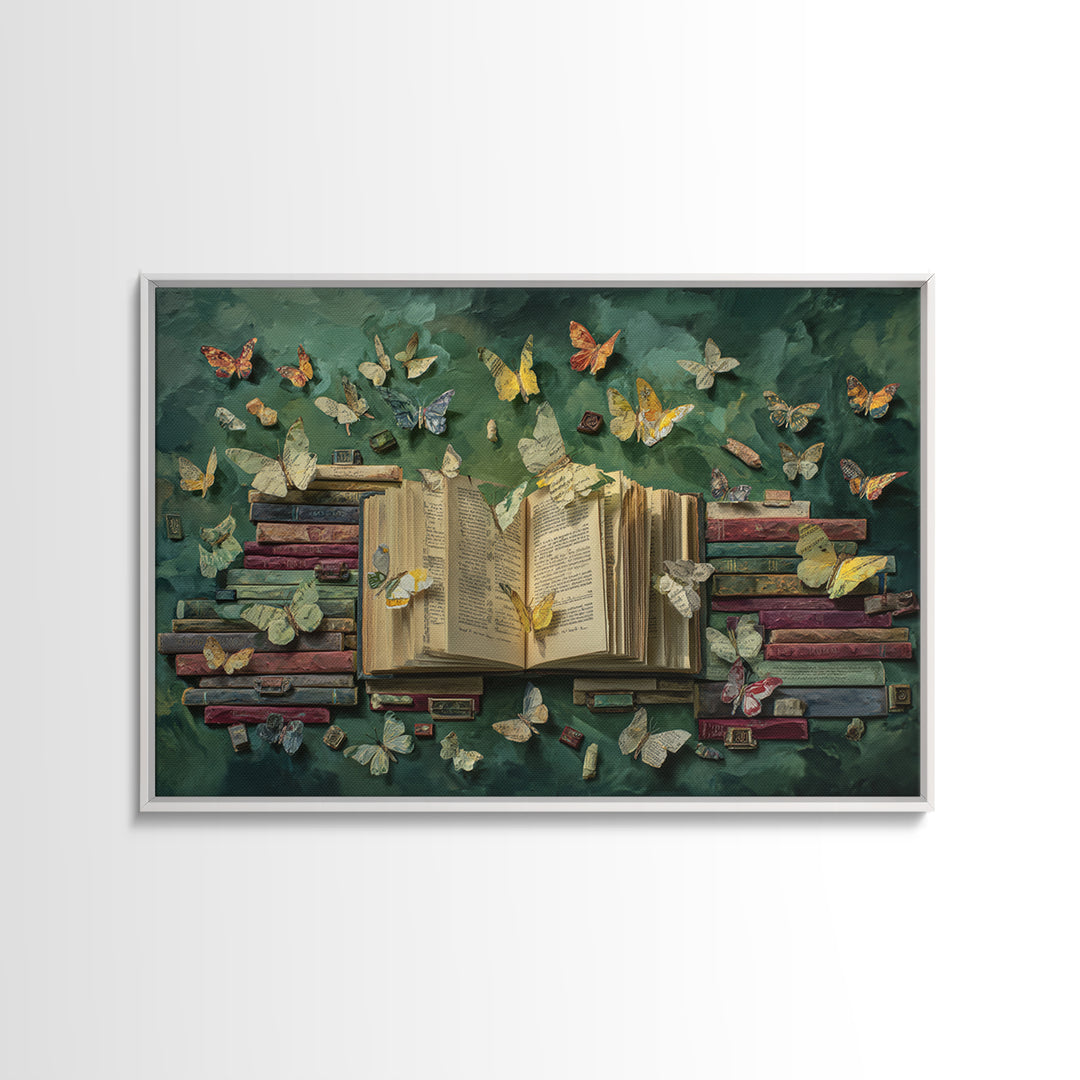 Book Pages Transforming into Butterflies Framed Canvas Print, Library Art, Reading Nook Decor, Library Decor, Fine Art, Archive, LIB-3x2-23